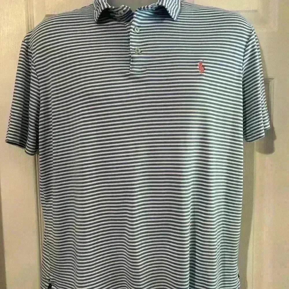 Ralph Lauren Short Sleeve Polo Shirt. Blue & White Striped. Men’s.